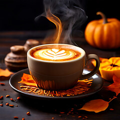 steaming orange latte art coffee fall vibes delicious rich aroma