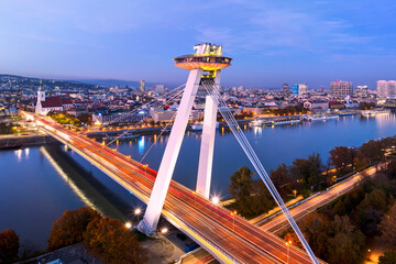 Aerial view of part of the capital city of Slovakia, Bratislava, with the dominant New Bridge with an observation deck at the top