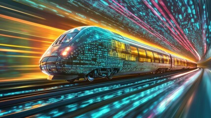 Fototapeta premium Train on digital tracks, symbolizing fast-paced modern processes. Business and modern technologies. Art collage