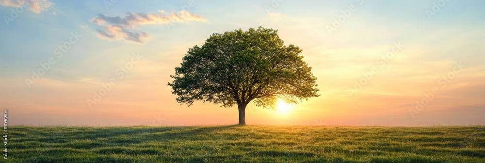 Poster A solitary tree rises in a vast field as the sun sets, illuminating the sky with warm hues and creating an inviting atmosphere perfect for text. Generative AI