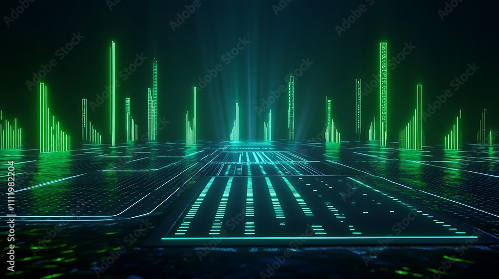 Aufkleber futuristic digital landscape with neon green visuals and abstract data graphs on a dark background