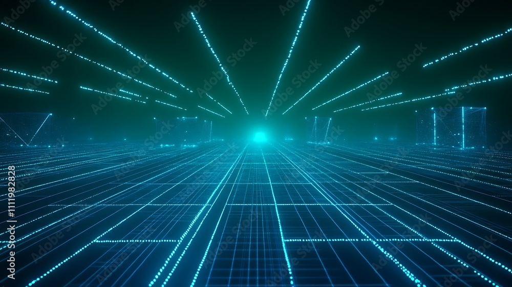 Aufkleber futuristic digital landscape with neon light rays and grid structure in a virtual space environment