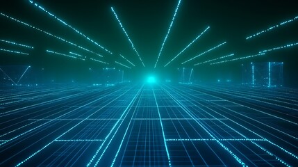 Obraz premium Futuristic Digital Landscape with Neon Light Rays and Grid Structure in a Virtual Space Environment