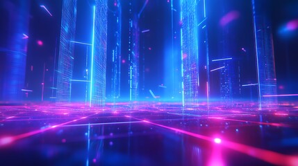 Obraz premium Futuristic Digital Landscape with Neon Lights and Glowing Grid in a Cyberpunk Style