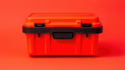 Battery replacement and tools, A bright red toolbox with a black handle, set against a matching red background, showcasing a vibrant and modern design.