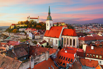 Aerial view of the historical part of the capital of Slovakia, Bratislava, with two of the most important landmarks: St. Martin's Cathedral and Bratislava Castle