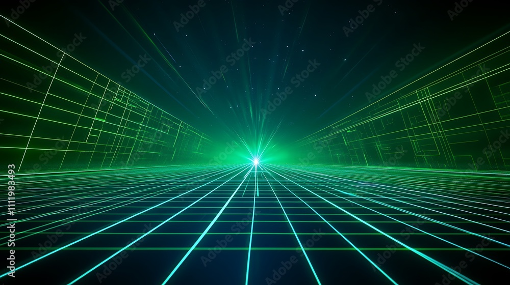 Poster futuristic digital landscape with neon lines and grid creating an abstract sci-fi background