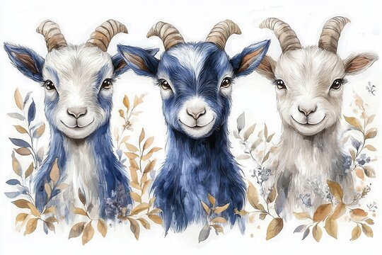 A whimsical illustration of three goats with distinctive colors and leafy accents.