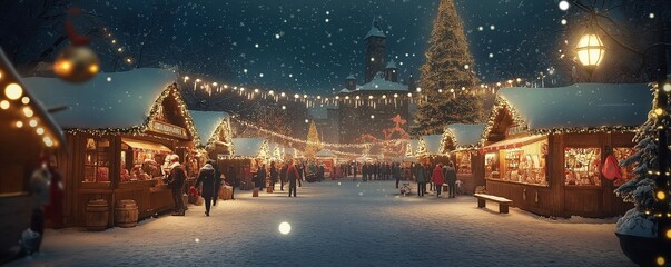 Fototapeta premium A bustling Christmas market with holiday lights, carousels, and snow-covered streets in the background. Atmosphere of joy and celebration during the winter time. New year background with copy space