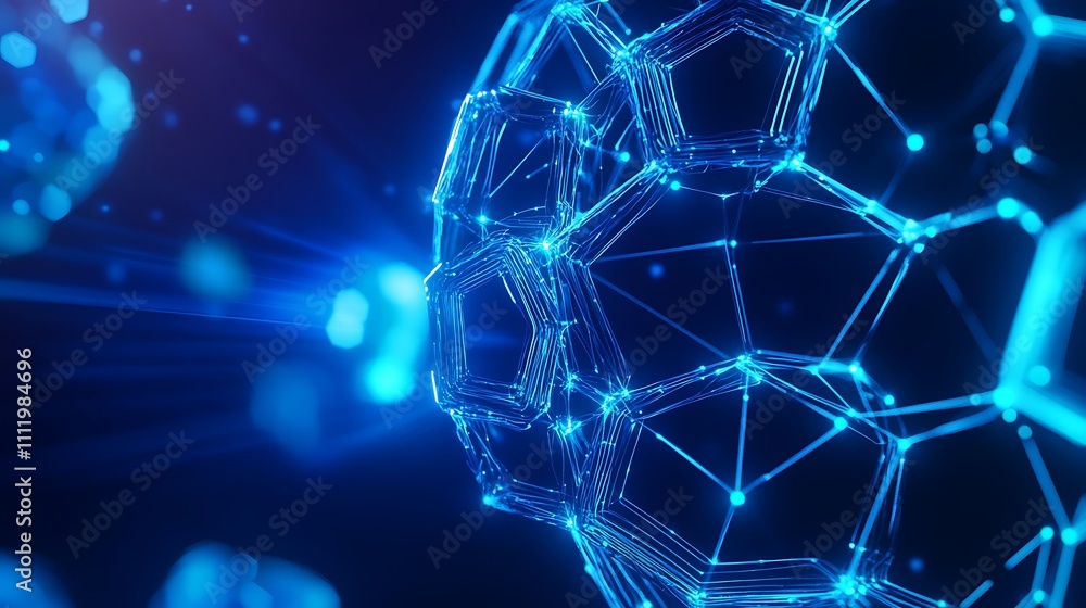 Poster futuristic digital sphere with hexagonal network and glowing lines in blue and purple background