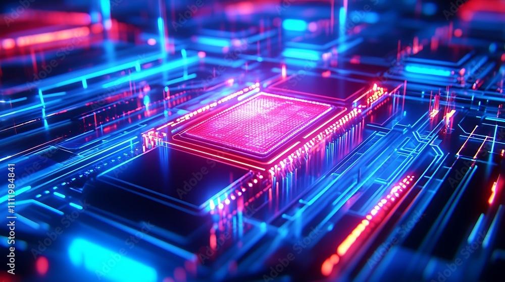Poster futuristic digital technology circuit board with glowing elements in cyberpunk style