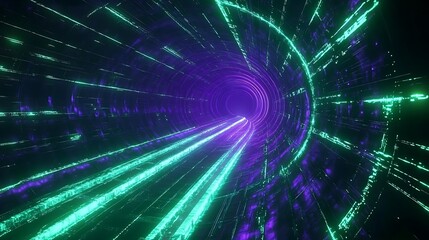 Obraz premium Futuristic Digital Tunnel with Neon Lights and Energy Waves in Vibrant Purple and Green Colors