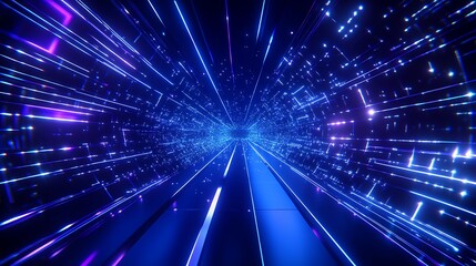 Obraz premium Futuristic digital tunnel with vibrant blue and purple lights radiating in an abstract motion towards the center