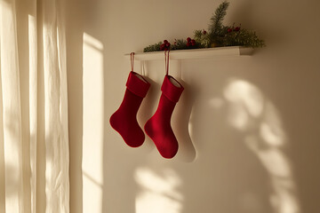 A delightful arrangement of Christmas stockings hanging from a beautifully decorated fireplace mantle.