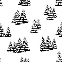Forest in the snow. Seamless pattern of beautiful snowy spruce forest. Christmas gift wrapping, fabrics, textiles and wallpaper. Vector illustration
