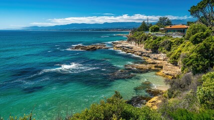 Obraz premium Panoramic view of a scenic coastline with turquoise water, rocky shores, lush vegetation, and a house in the distance under a bright sunny sky.