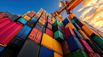 Fototapeta premium A stunning view of colorful shipping containers stacked at a port creates a vibrant urban landscape, showcasing the logistics and trade industry's dynamism.