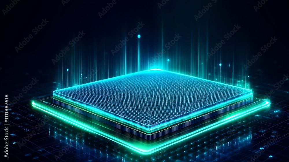 Poster futuristic microchip design with glowing lights and data visualization elements in a high-tech envir