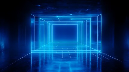 Fototapeta premium Futuristic Neon Blue Data Center with Abstract Lines and Light in a Dark Space
