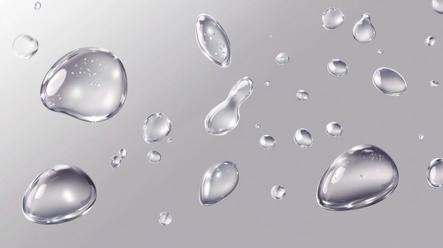 Clear water droplets scattered on a smooth gray surface, creating a calming and fresh atmosphere.