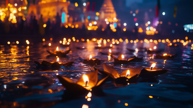 night ritual at Ardh Kumbh Mela, Hindus float small oil lamps on leaves into the Ganges river, Ai generated images