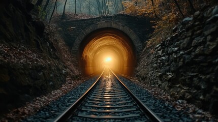 Obraz premium Train tracks disappearing into a bright tunnel.