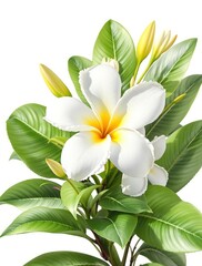 Fototapeta premium Beautiful white frangipani blossom with green foliage, white petals, floral arrangement, isolated on white, botanical, blooming