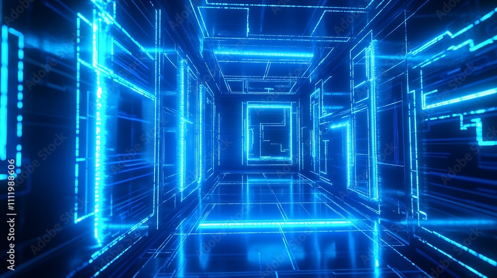 Aufkleber futuristic neon corridor with glowing lines and rectangular shapes in a 3d digital space