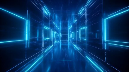 Obraz premium Futuristic Neon Corridor with Glowing Lines and Reflections in a Digital Space Environment