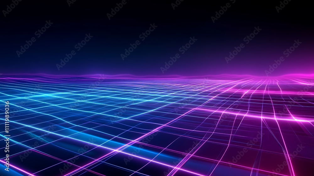 Poster futuristic neon grid landscape with colorful illuminated lines in a dark atmosphere for digital desi