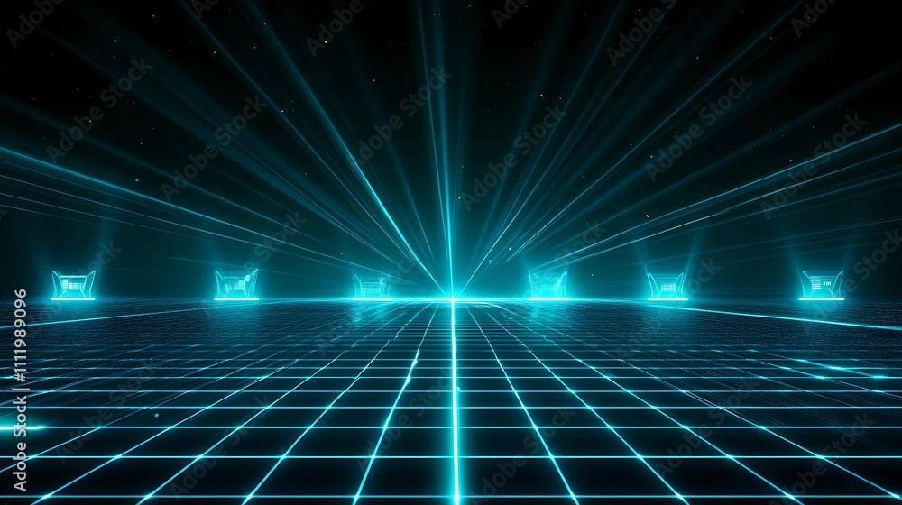 Poster futuristic neon grid landscape with radiating light beams and geometric patterns in dark space envir