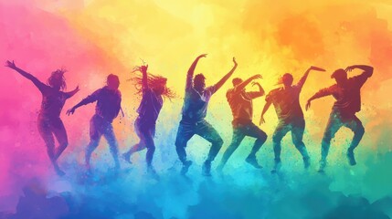 Fototapeta premium A diverse group of energetic dancers silhouetted against a vibrant, colorful background, capturing the joy of dance.