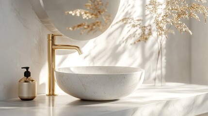 Minimalist Bathroom Sink with Gold Faucet and Natural Light