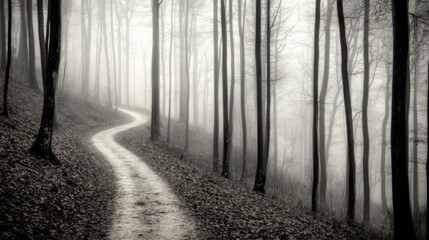 Naklejka premium Winding path through foggy forest.