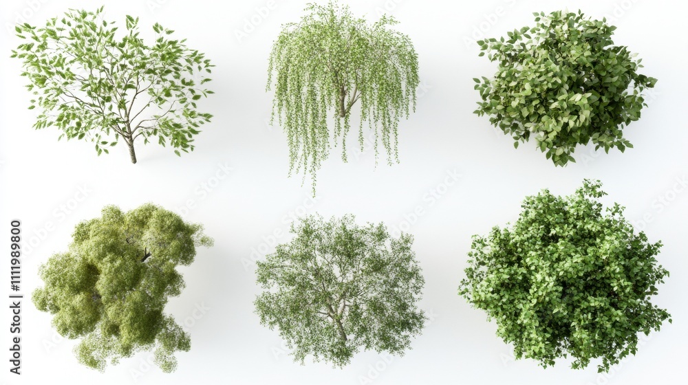Poster a diverse collection of six lush green trees representing various tree types with vibrant foliage an
