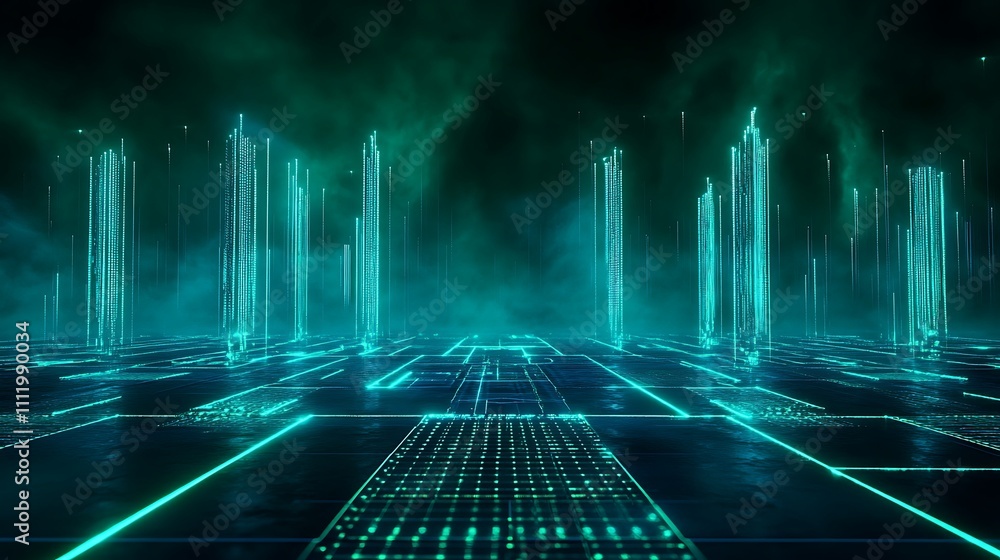 Poster futuristic neon landscape with glowing columns and digital grid on dark background