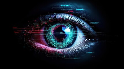 Fototapeta premium Human eye with glowing cybernetic circuits, metallic textures around the iris, futuristic neon lighting, sharp macro photography