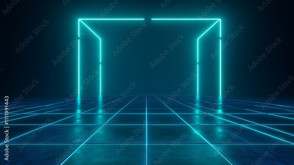 Aufkleber futuristic neon structure with glow and reflection on dark floor in abstract digital environment