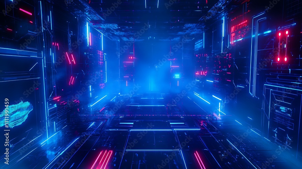 Poster futuristic neon technology hallway with glowing lines and digital patterns in an abstract sci-fi sty