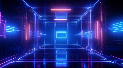 Obraz premium Futuristic Neon Room with Bright Blue and Pink Lights Reflecting on Glossy Floor in Cybernetic Environment