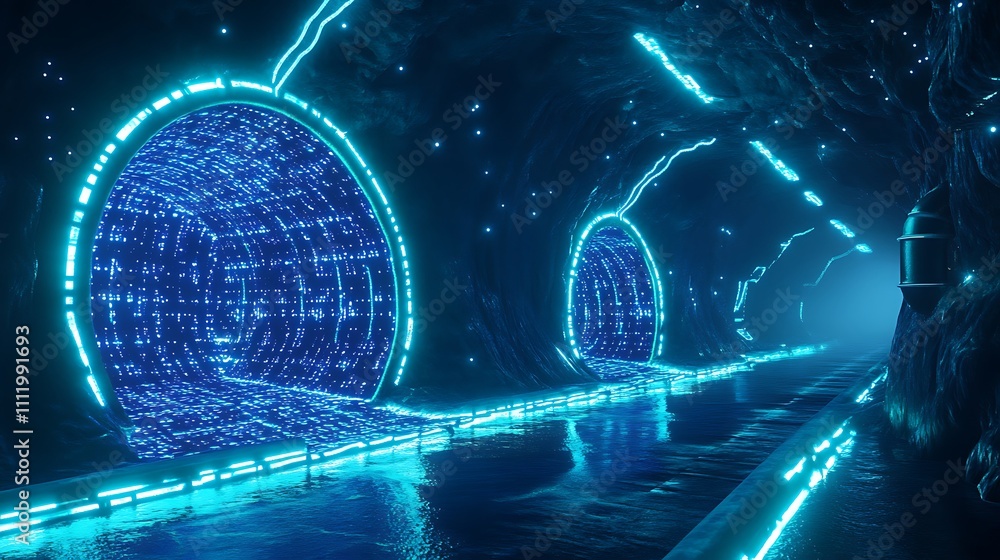 Poster futuristic neon tunnel with glowing portals and mysterious atmosphere in a sci-fi environment