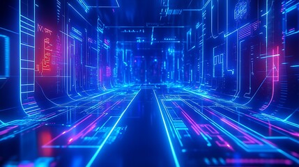 Obraz premium Futuristic Neon Tunnel with Glowing Lines and Digital Patterns for Sci-Fi and Technology Concepts