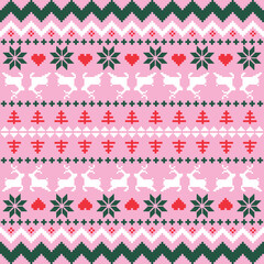Christmas Sweater Pattern Design Seamless Pixel Art background. Xmas style Rows of Reindeer, Snowflakes, Stars, Holly Berries, and trees on a pink Background, with Red and green knit details