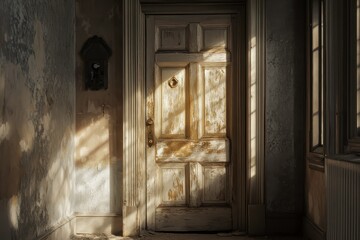 Abandoned Room with Peeling Paint and Old Door Bathed in Soft Natural Light, Creating an Atmosphere of Mystery and Nostalgia in a Forgotten Space