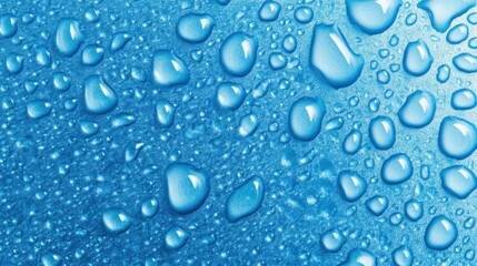 Close-up of water droplets on a blue surface, creating a refreshing and vibrant atmosphere.