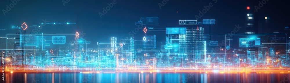 Poster industrial site at night illuminated by holographic cloudbased operational maps