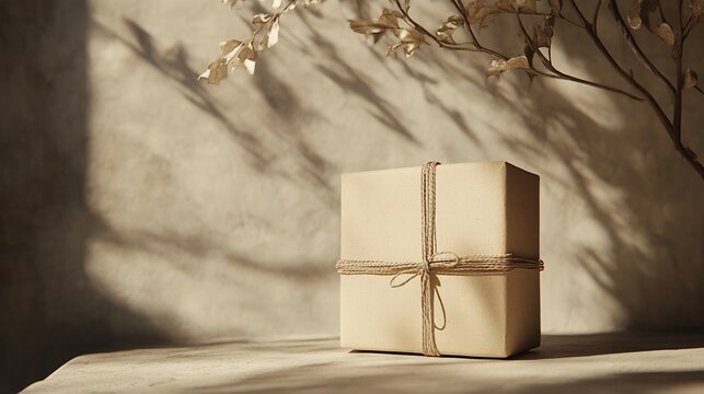Wrapped Natural Wooden Gift Box with Twig Shadows