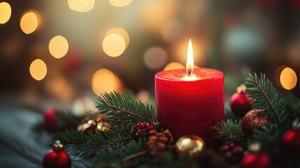 Red candle burning amidst Christmas ornaments and evergreen branches, bokeh background.