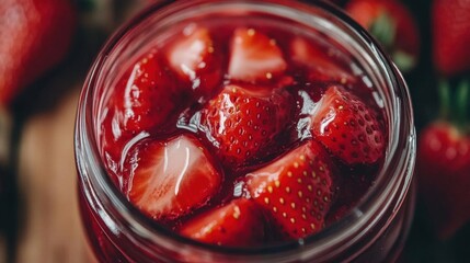 A jar filled with fresh strawberries in syrup, showcasing vibrant colors.