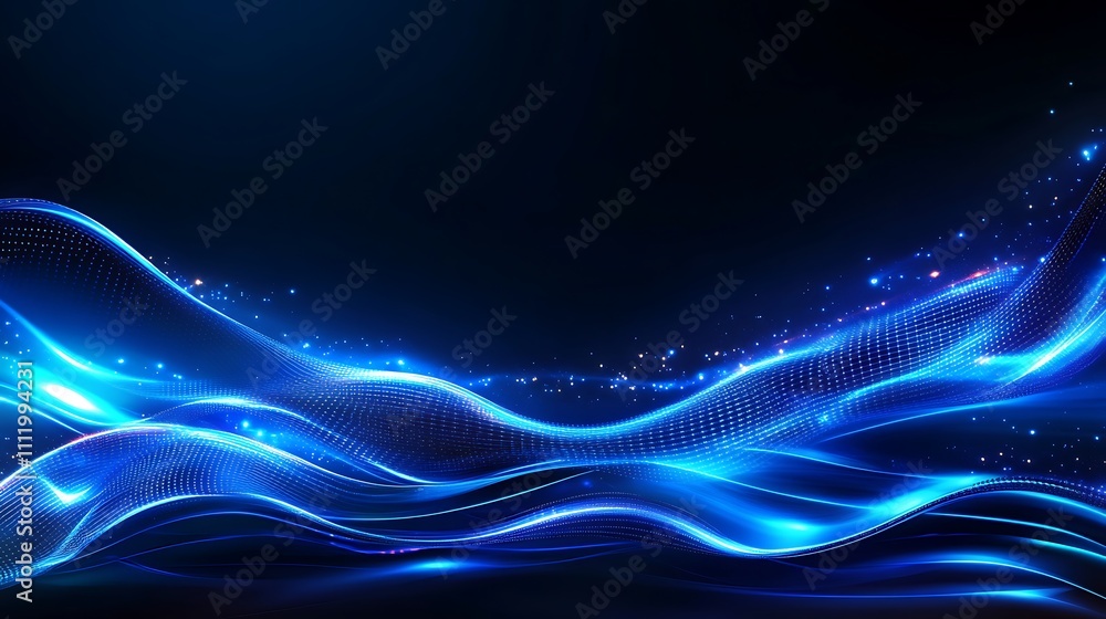 Poster Vibrant Blue Waves of Light Displaying Dynamic Motion in a Dark Background with Sparkling Glimmers